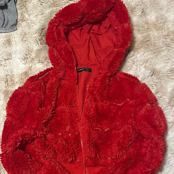 SHEIN Jackets & Blazers - SHEIN Red Fuzzy Puffer Jacket